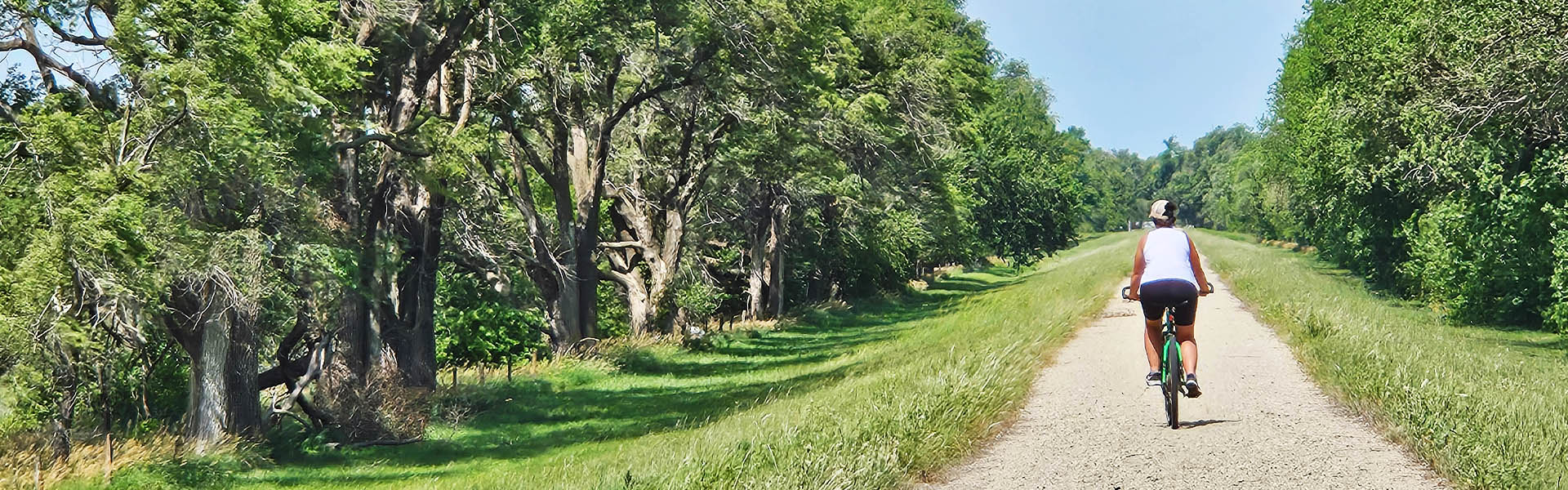 girl riding bike with moonsaddle bike seat on gravel path through trees